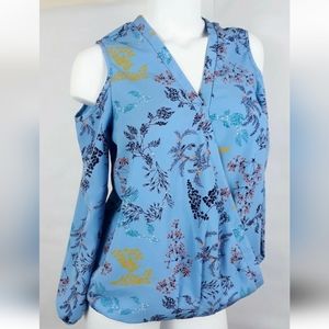Maette XS Blue Asian Floral Wrap Top Cold Shoulder